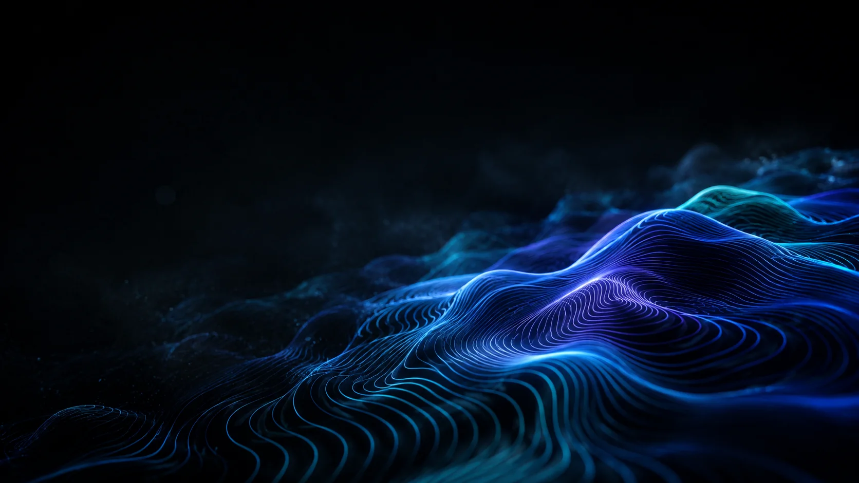 A pale topological mesh of connected nodes receding into dark space